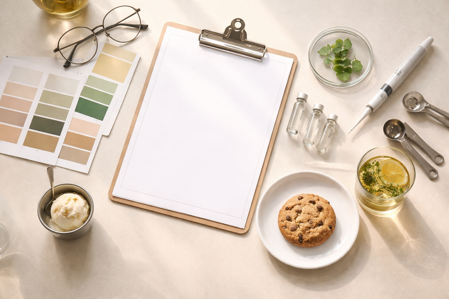 Top-down view of a research desk arranged with blank clinical papers, sample vials, a gluten-free cookie on a plate, a small scoop of ice cream in a metal tasting cup, an unlabelled glass of herbal drink, pipette and measuring spoons, lit by soft natural light with the lower third kept visually calm