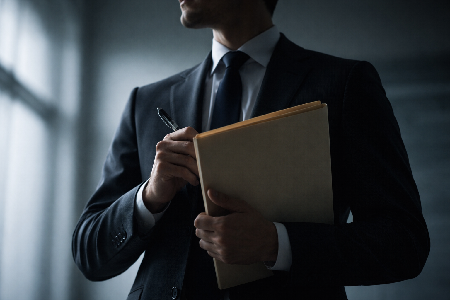 Low-angle photograph of an anonymous suited figure, face turned away and holding an unbranded legal folder, framed centrally in cool window light with the lower third left empty.