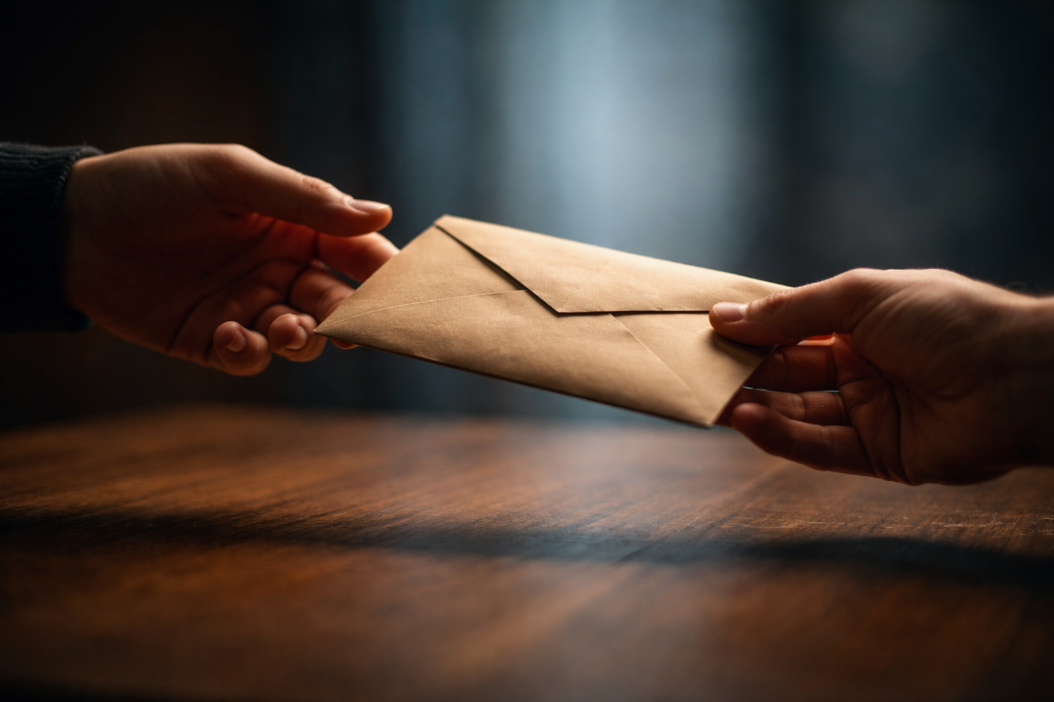 Close-up of two anonymous hands in motion exchanging a sealed, unbranded envelope over a wooden table, shot with shallow depth of field and warm side lighting; the lower third of the image is empty.