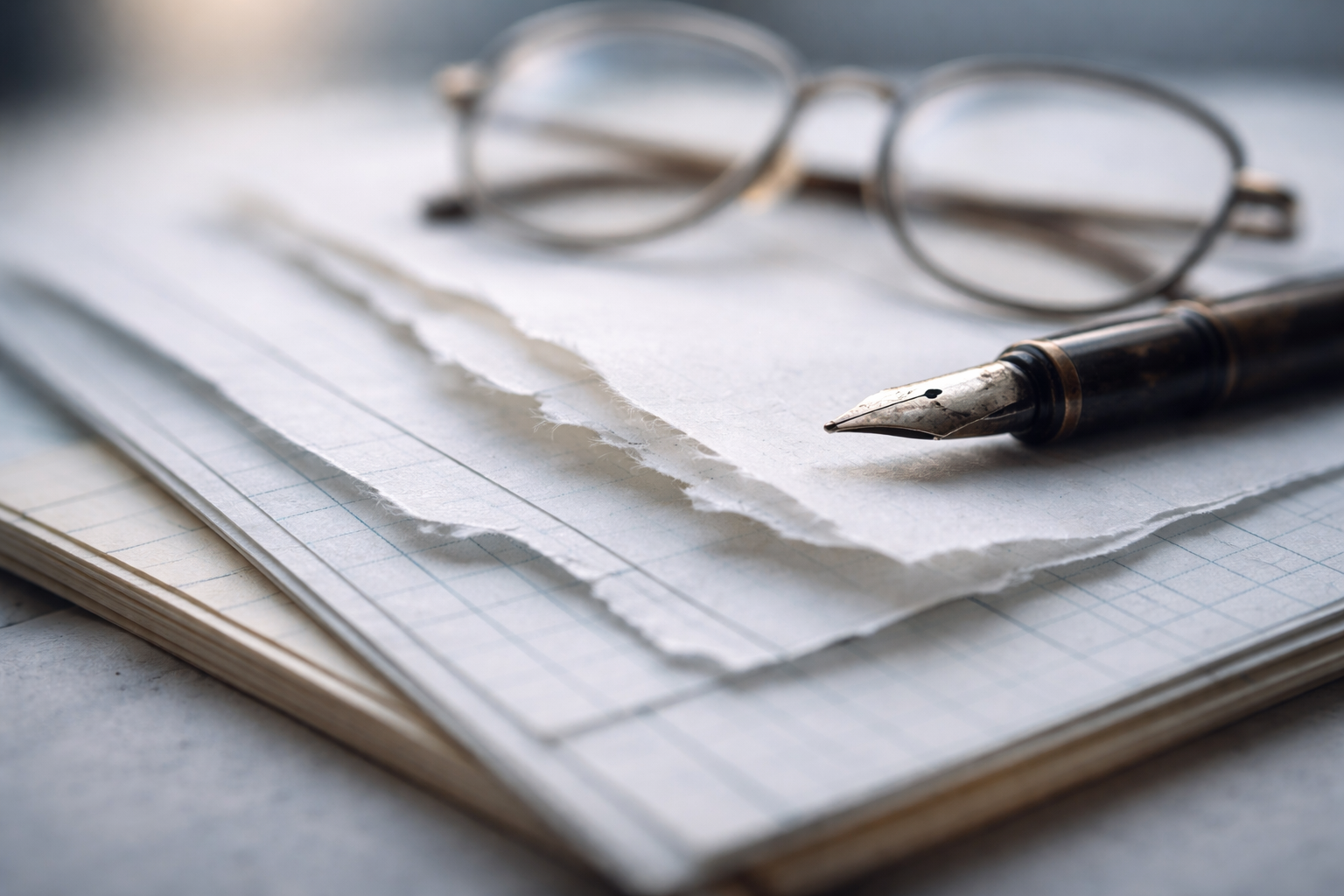 Tight macro shot of overlapping blank ledger pages and translucent tracing paper with a fountain pen nib and blurred reading glasses near the upper centre, soft cool light and an empty, low-contrast lower third.