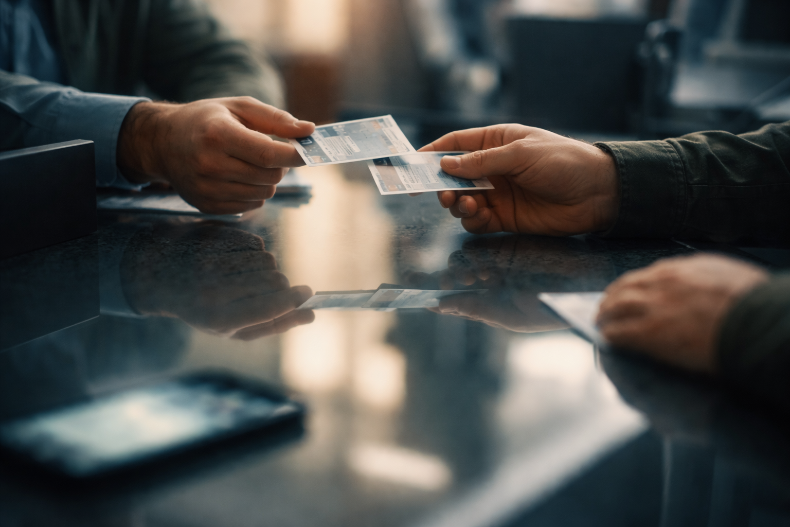 A glossy counter reflection shows anonymous hands exchanging laminated driver-license cards and a blurred smartphone under soft window light; the lower third of the frame is quiet and empty.