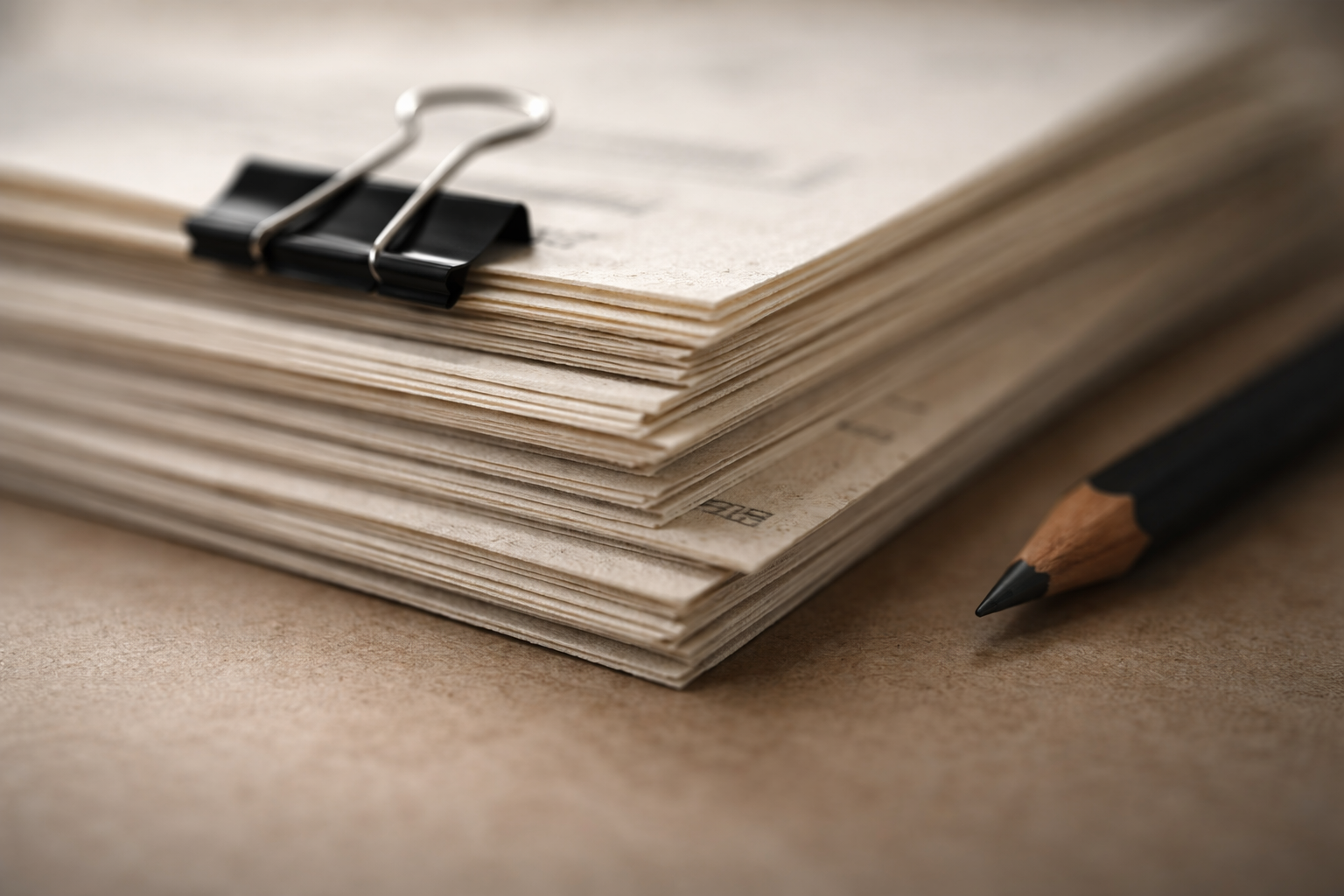 Macro photo of stacked textured off-white report pages with a matte black binder clip and a shallow depth of field showing paper grain and faint pencil marks, composition concentrated in the upper two-thirds with a soft, uncluttered lower third.