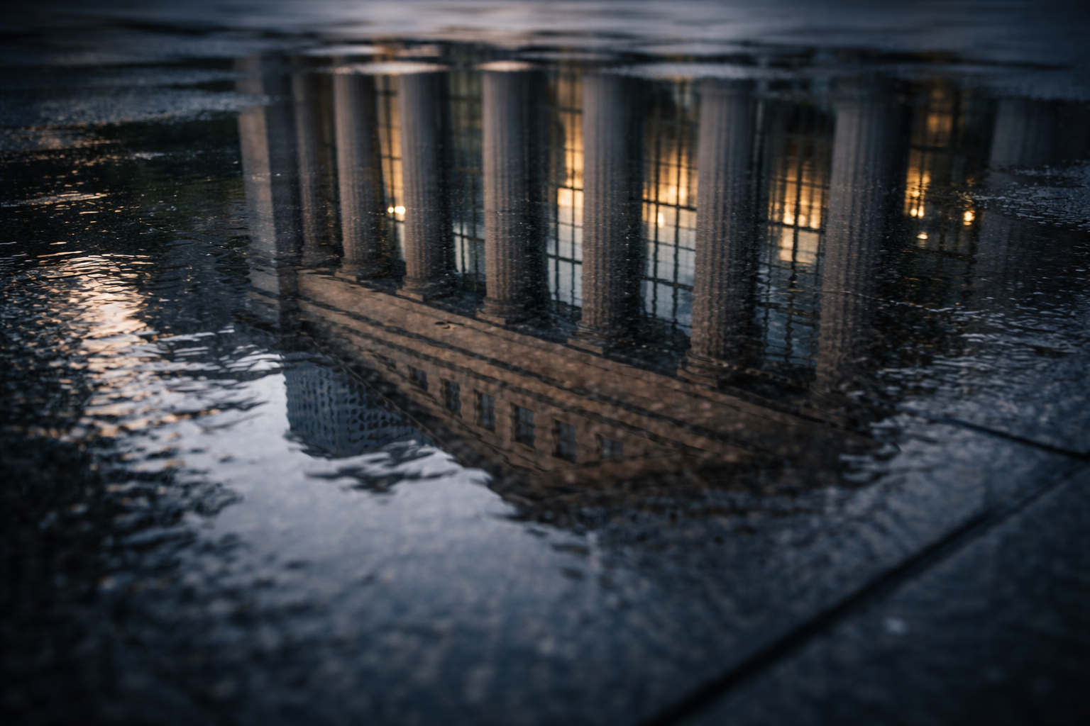 Low-angle view of a stately building’s facade reflected in a shallow rain puddle on polished granite, with cool morning light and soft ripples; the lower third shows empty smooth stone.
