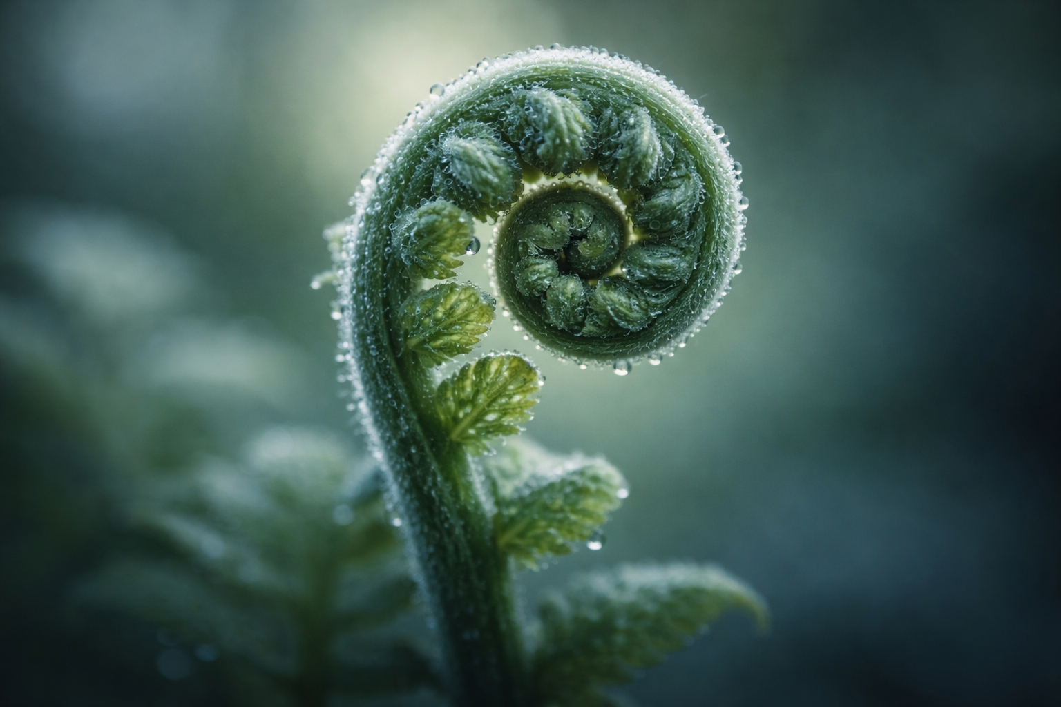 Macro photograph of a young fern frond unfurling with dewdrops, the curled tip centered in the upper two-thirds of the frame and the lower third softly blurred and empty.