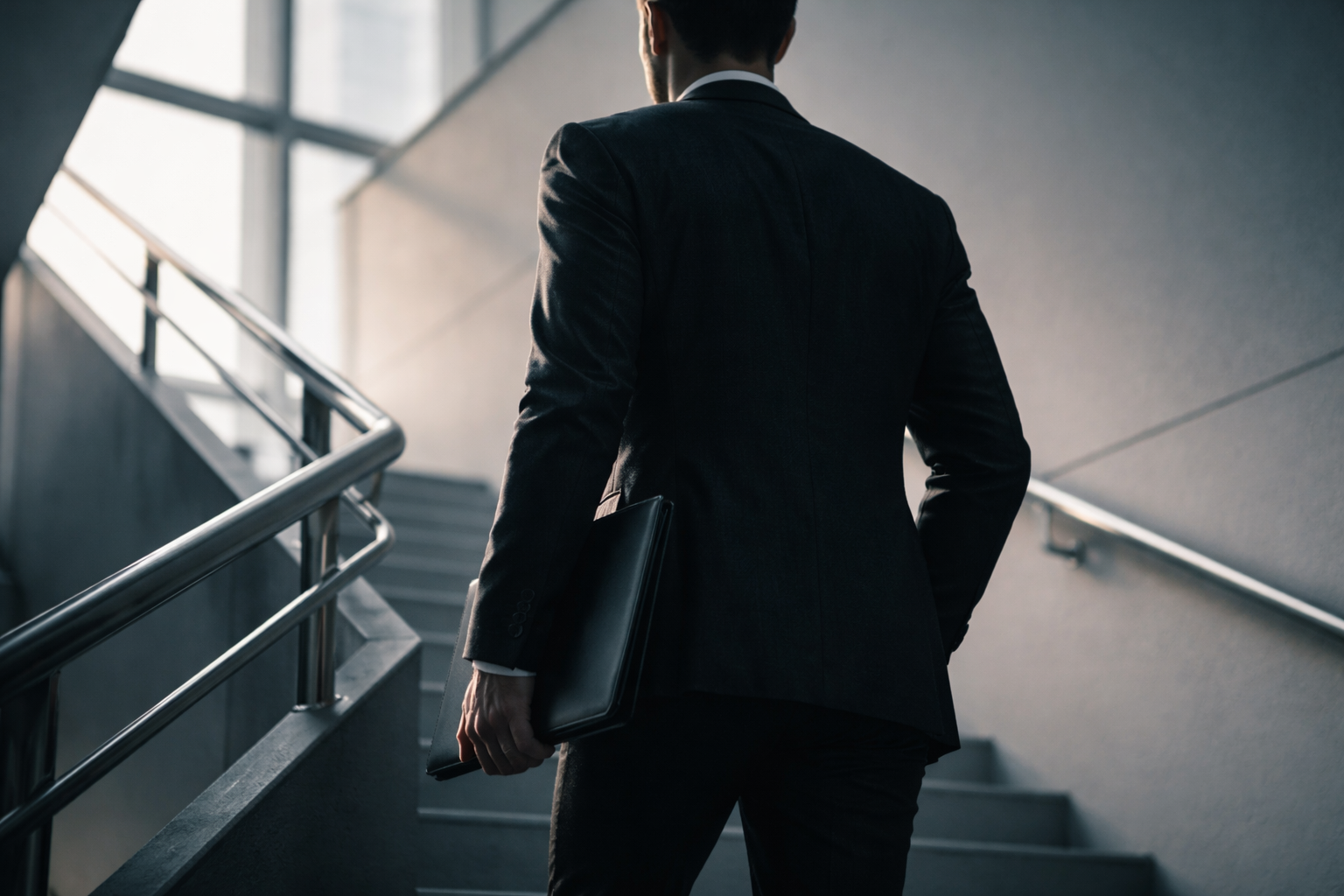 Low-angle photo of an anonymous person in a dark suit, waist-up and face turned away, carrying a plain portfolio while climbing a modern stairwell lit by soft morning light, with the bottom third of the frame deliberately empty.