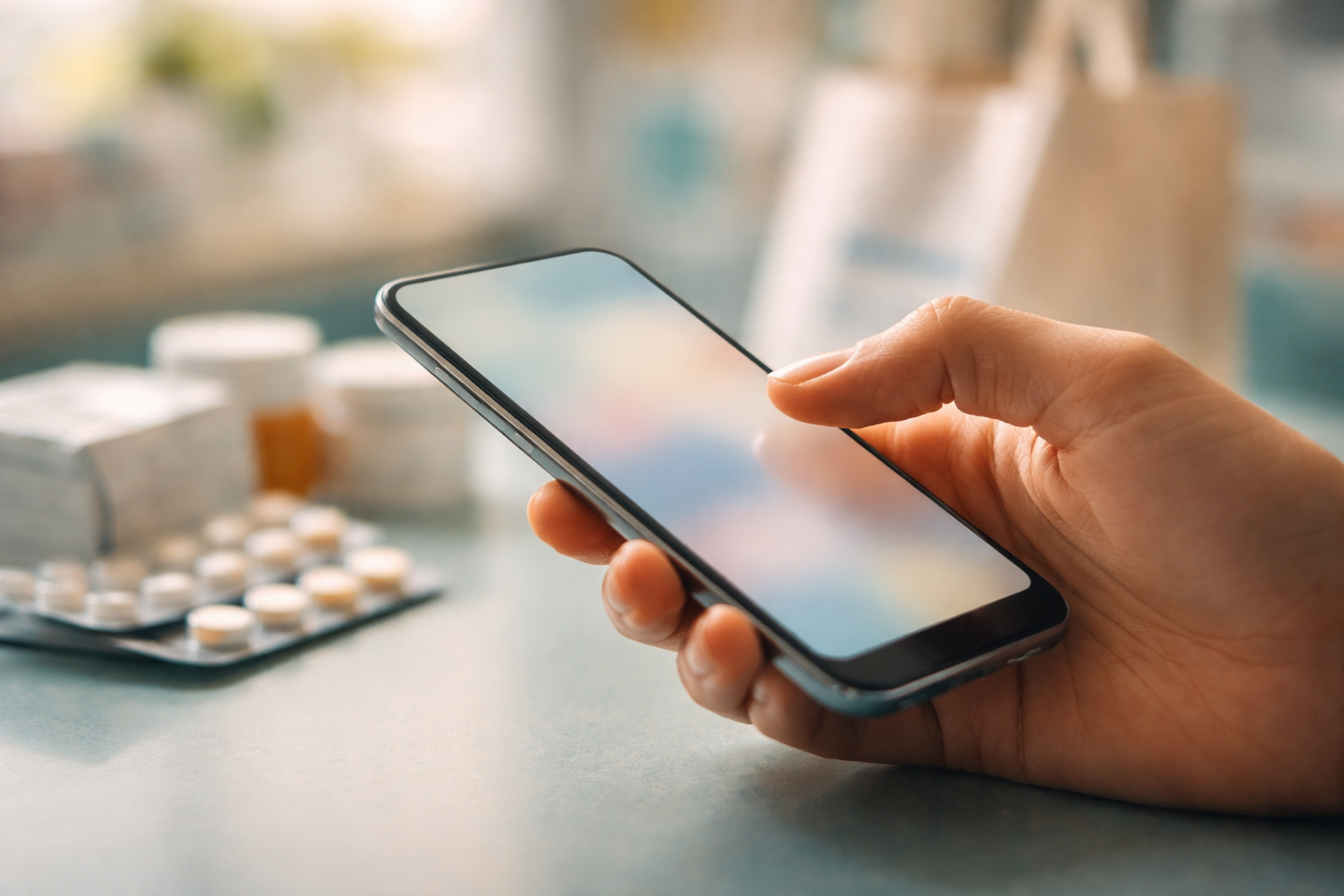 Macro close-up of a hand holding a smartphone above a pharmacy counter, the phone screen showing soft abstract colors with blurred medicine packs and a small shopping tote behind it, composition focused in the upper two-thirds.
