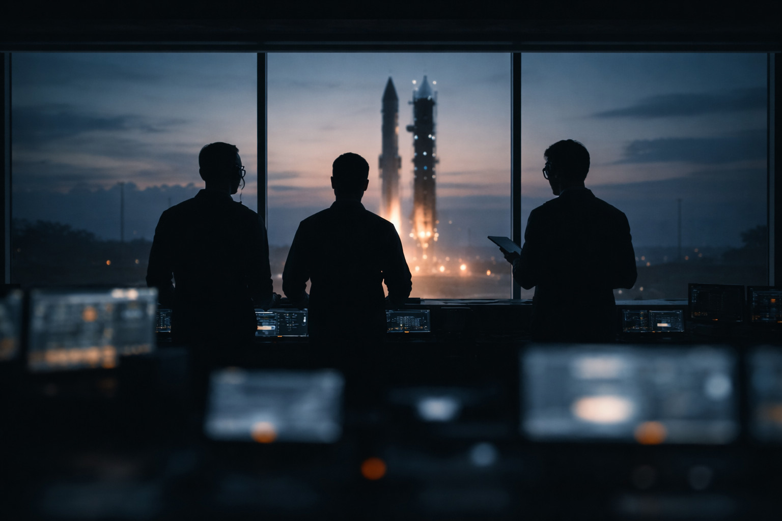 Three silhouetted technicians in a dim observation room look through a panoramic window at an unbranded rocket on the launch pad at pre-dawn; the lower third of the frame is dark and empty.