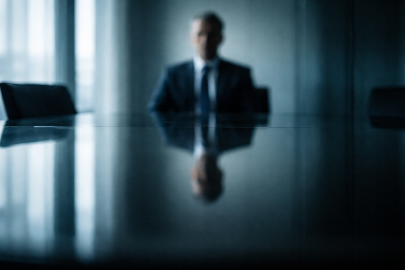 A single fictional regulator in a dark suit is seen as a soft reflection on a polished conference table and tinted glass, centered in the upper two thirds against a muted office background.