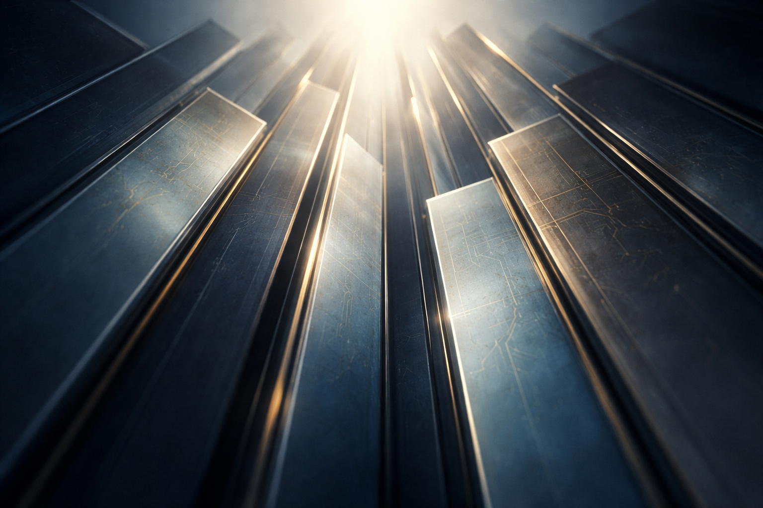 Low-angle macro photo of stacked translucent vertical panels in muted blue, slate and gold tones, rim-lit with shallow depth of field and faint etched network lines converging upward; the lower third is intentionally uncluttered and low-contrast.