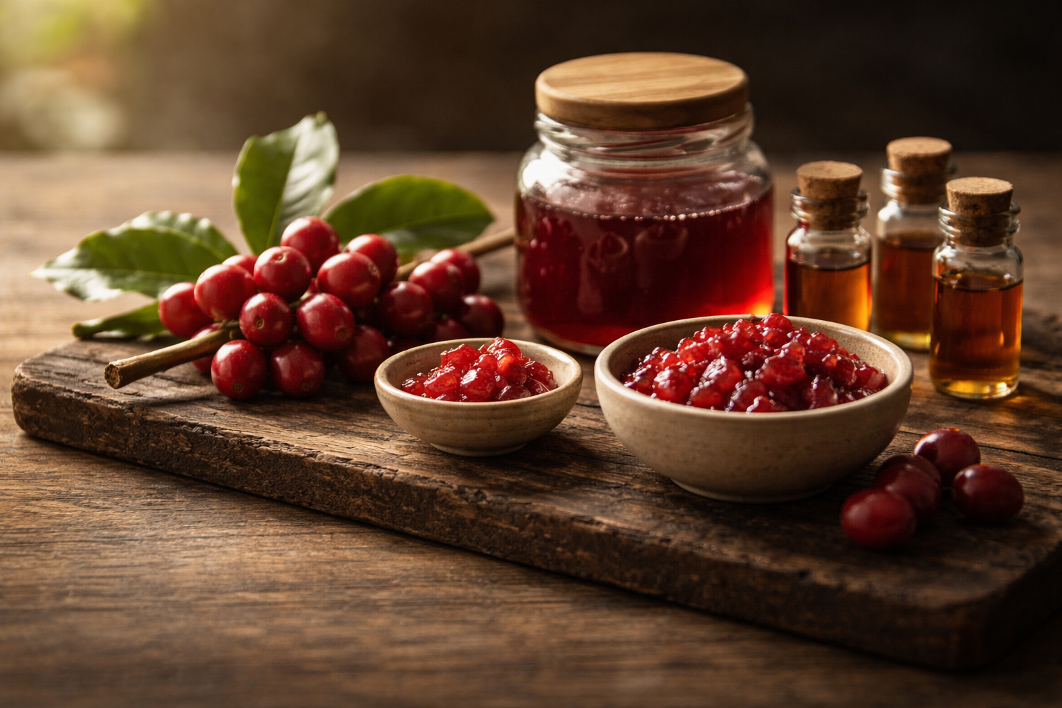 Wide still-life of fresh red coffee cherries, bowls of cherry pulp and unlabeled glass vials arranged on a dark wooden board, softly lit from the side with the main cluster in the upper two thirds and an uncluttered lower third.