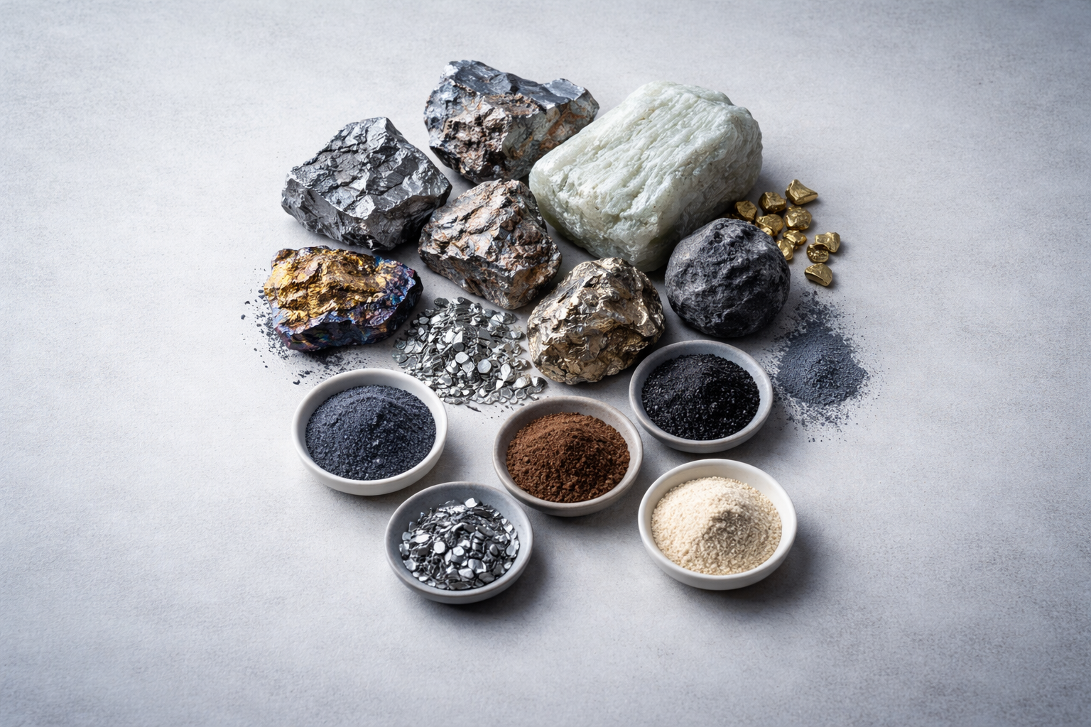 Top-down view of a compact cluster of mineral and metal samples (ore nodules, metallic flakes and powdered swatches) arranged on a neutral tabletop in the upper two-thirds of the frame, leaving a calm empty lower third.