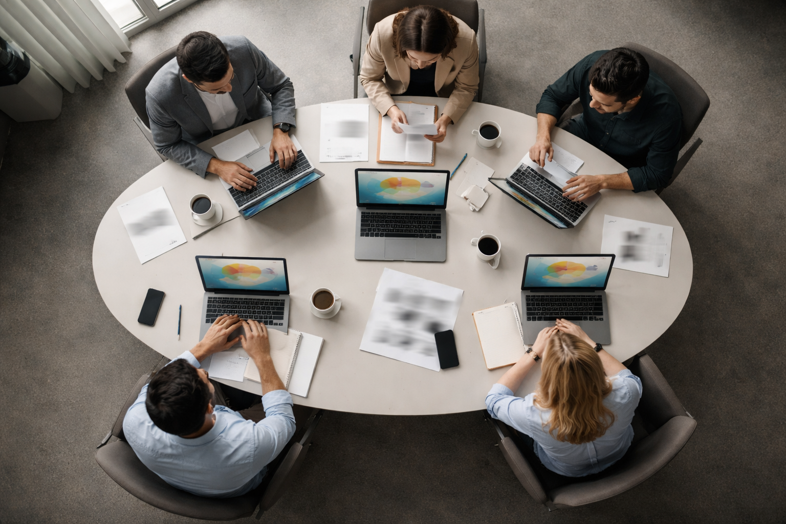 High-angle aerial view of five anonymous office workers around an oval meeting table with laptops, blank notepads, coffee cups and blurred papers; the group occupies the upper two-thirds of the frame and the lower third is left visually quiet.