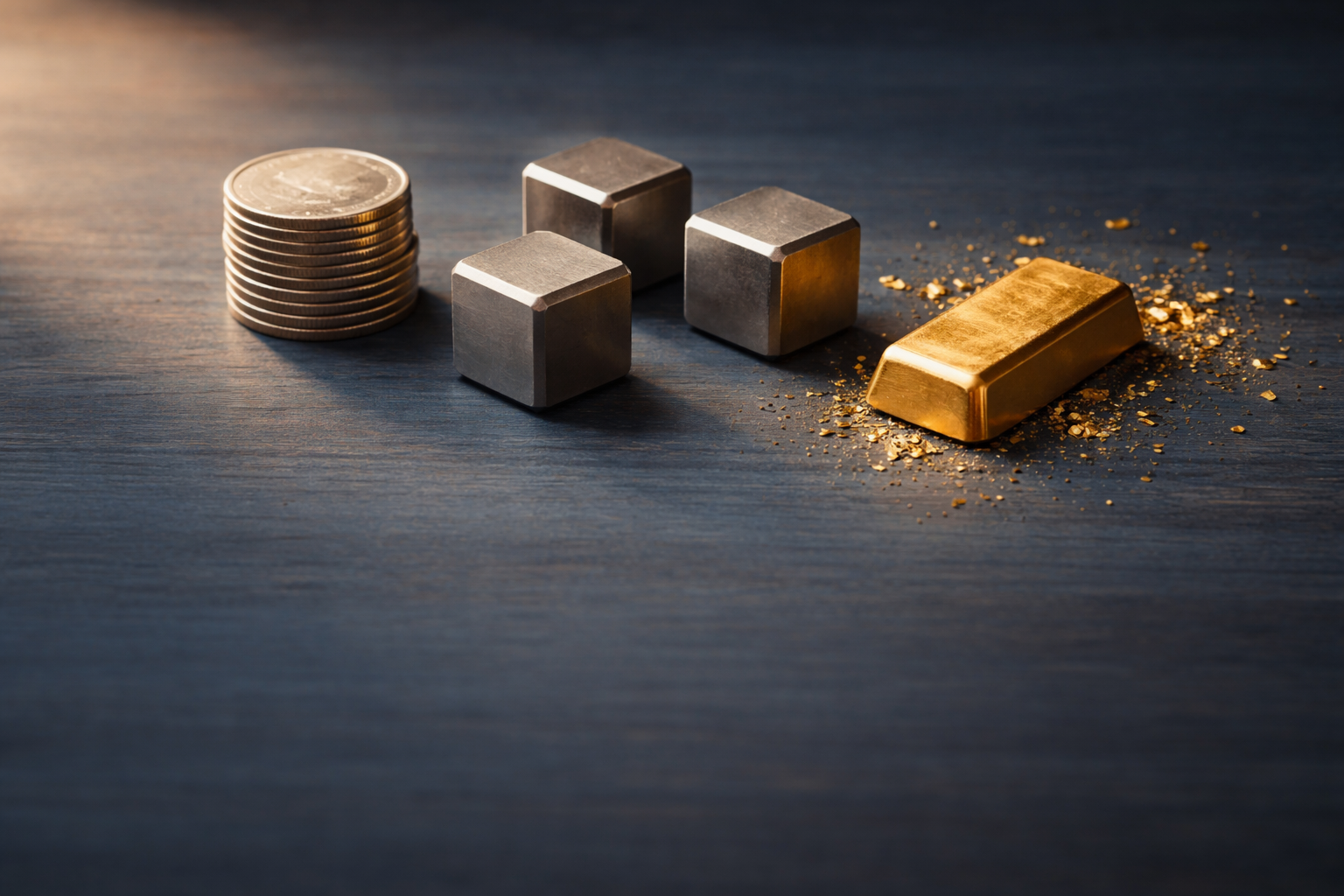 High-angle still-life on a dark blue wooden table showing an unbranded small gold ingot with gold flakes, a stack of plain silver coins and three brushed-steel cubes, lit from the top-left with warm light and a quiet uncluttered lower third.