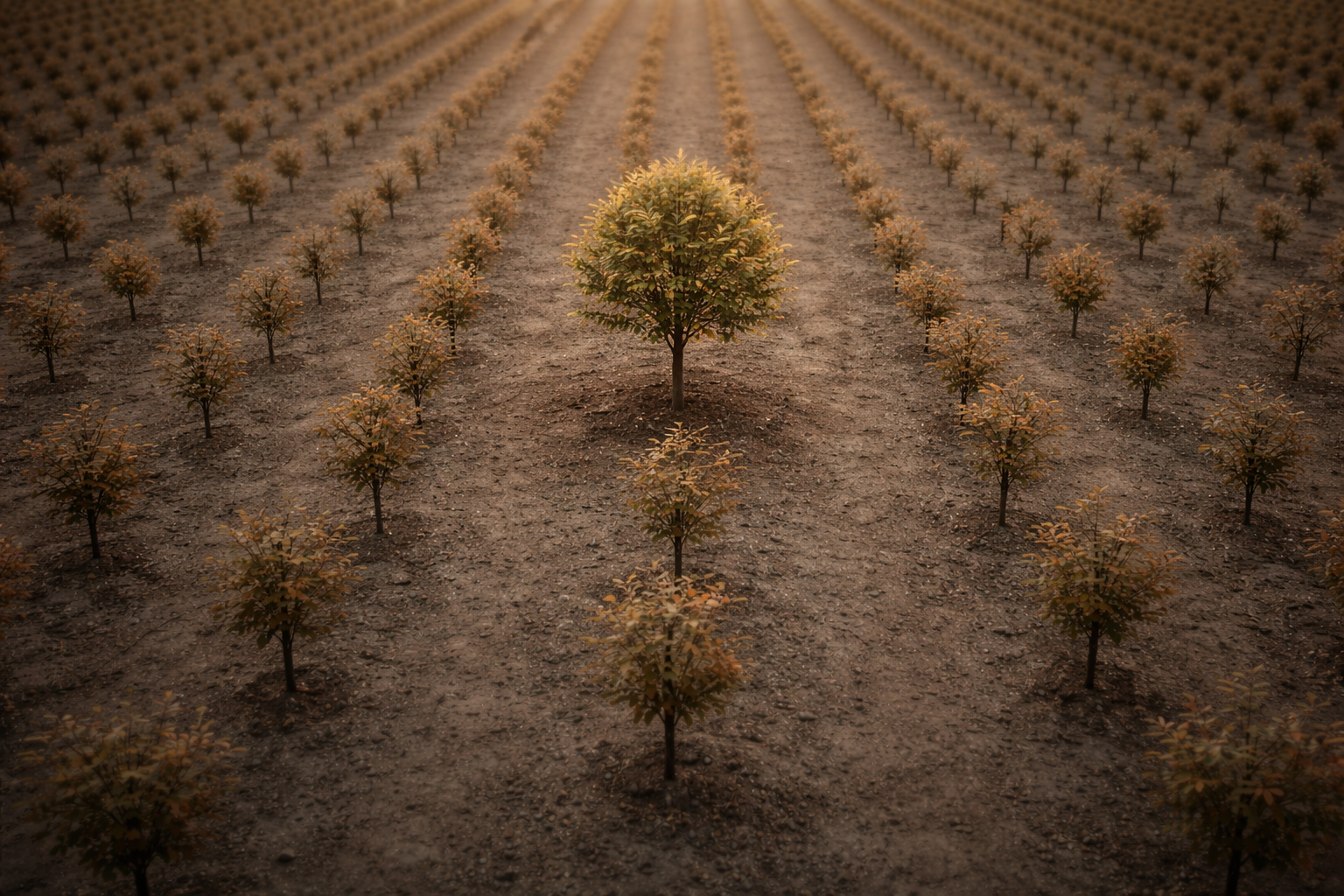 High-angle photograph of a tidy tree nursery with rows of small saplings; one central sapling in the upper two-thirds looks healthier and pruned, bathed in soft late-afternoon light, while the lower third remains quiet and unobstructed.