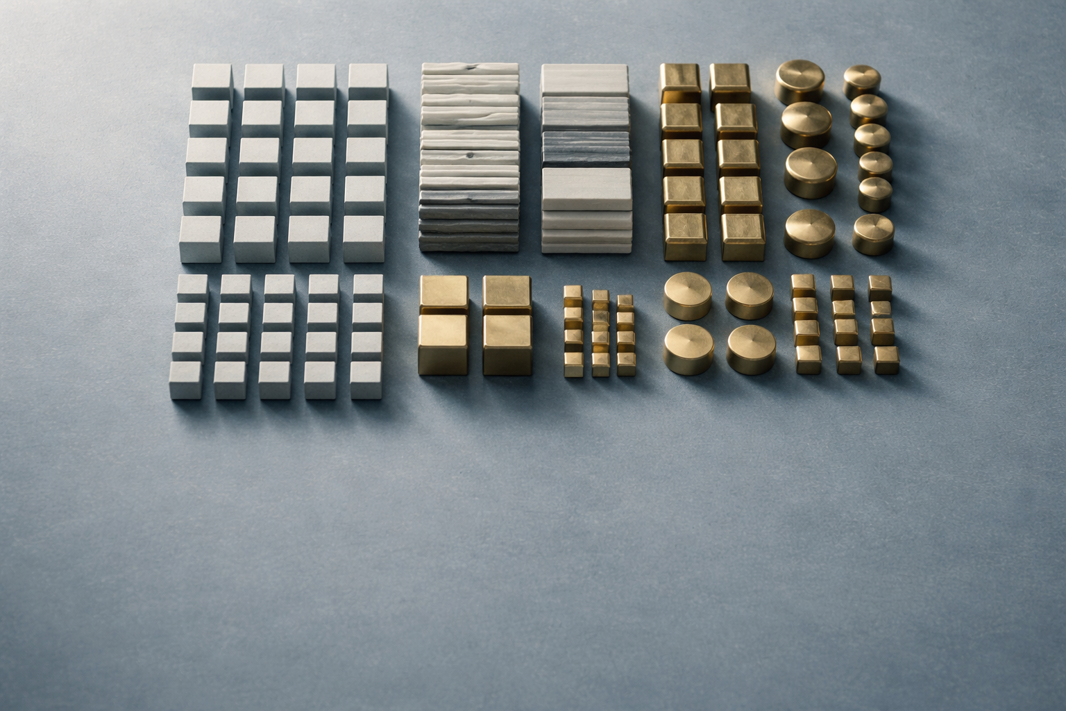A top-down aerial photo showing orderly grids of matte concrete cubes, brushed brass weights and stacked ceramic tiles clustered in the upper two-thirds of the frame, lit in cool morning light with a muted slate-blue and warm brass palette; the lower third is left empty and uncluttered.