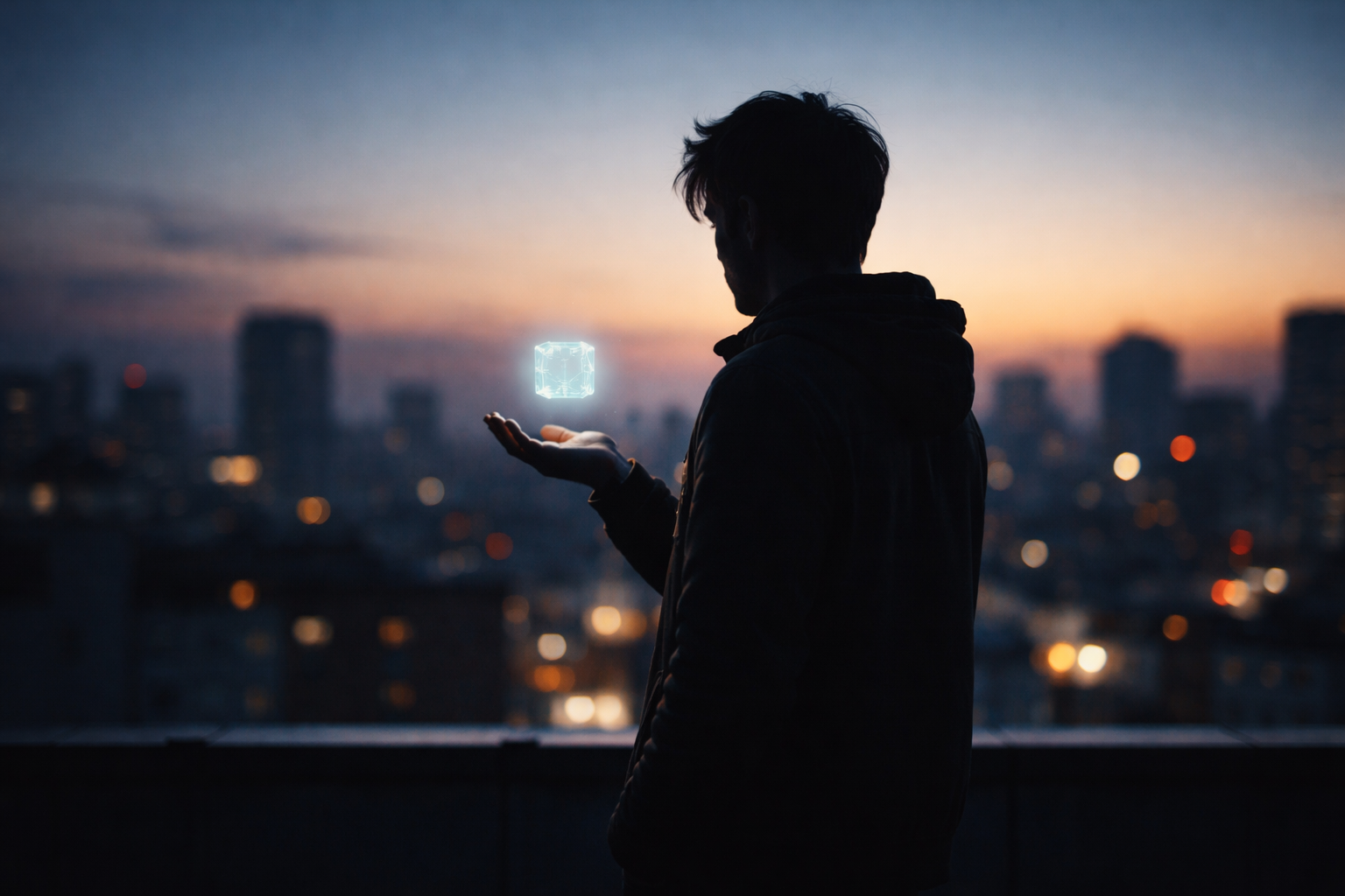 A silhouetted figure on a rooftop at dusk holds a small glowing translucent token above their palm against a blurred cool-blue city backdrop, with the subject in the upper two-thirds and a quiet darker lower third.