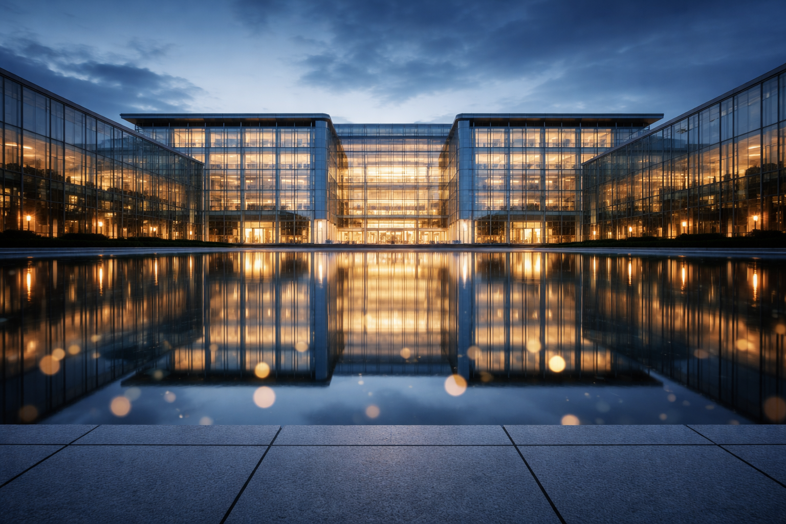 A modern glass-faced institutional building reflected in a calm shallow pool at dusk, the reflection showing a grid of small warm bokeh lights evoking digital tokens, with a smooth, empty stone foreground.
