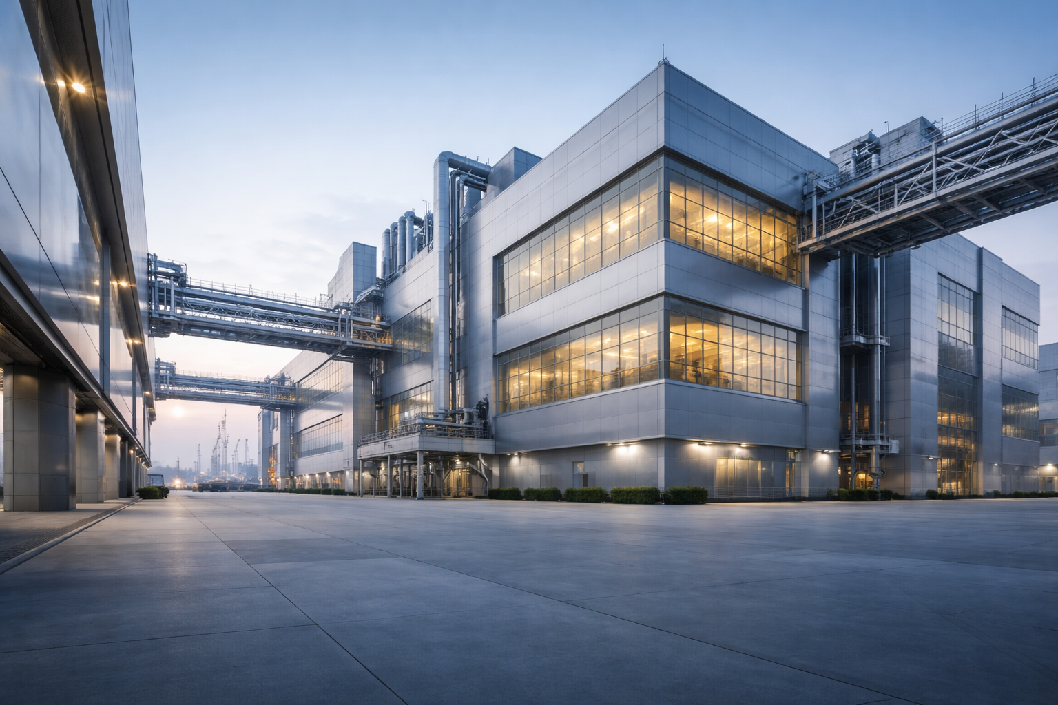 Low-angle photograph of a modern semiconductor factory exterior at dawn, showing metal and glass façades, service gantries and cranes against a cool blue sky, with the building centered in the upper two-thirds and a quiet, uncluttered foreground.