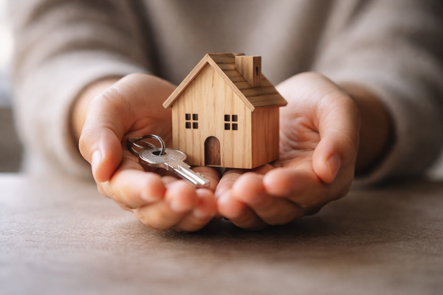 Close-up of a pair of hands holding a small wooden house model and a plain key in soft natural light, with the person's face out of frame.