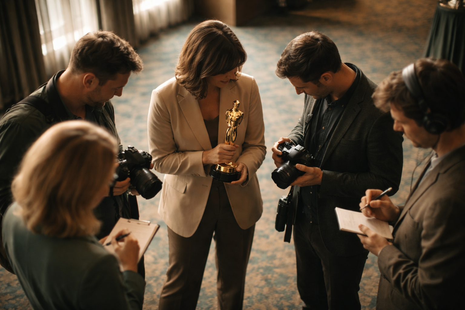 High-angle view of five anonymous media professionals clustered in a hotel event space, faces turned away or blurred, holding cameras, notebooks and a generic award, with warm window light and a calm, muted palette; the lower third of the frame is quiet and empty.
