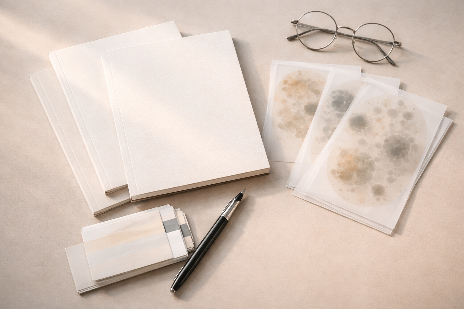 Top-down photograph of a tidy cluster of blank conference materials — matte program covers, translucent acetate slides with abstract cellular stains, index tabs, a pen and round eyeglasses — centered in the upper two-thirds with soft side light and the bottom third left clear.