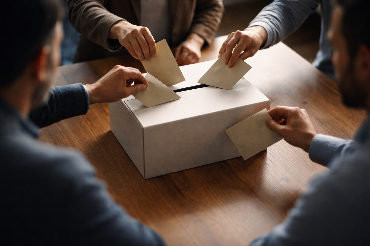 High-angle view of anonymous attendees — only hands and the backs of heads visible — placing plain unmarked envelopes into a ballot box on a wooden table, soft muted light, lower third kept empty.