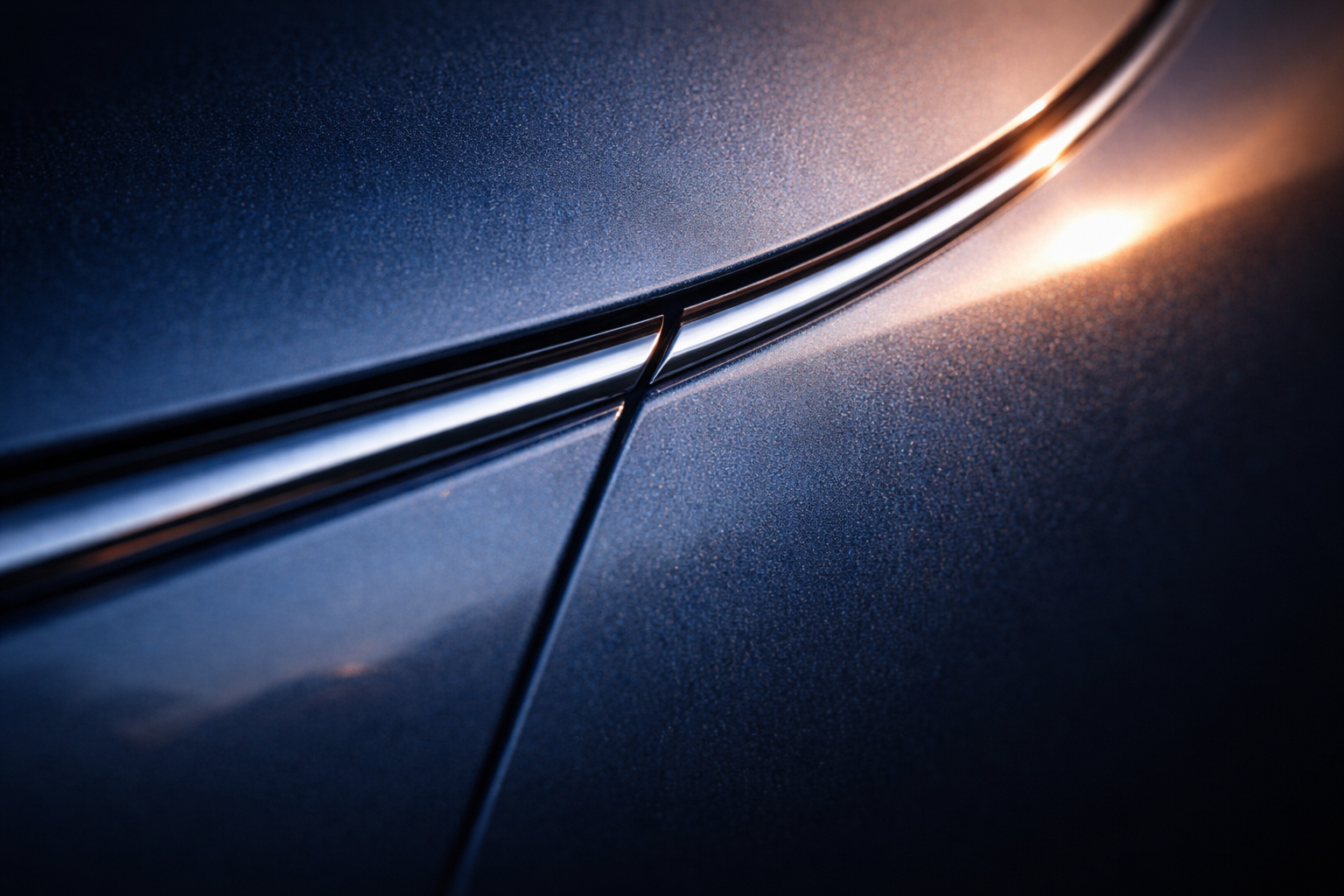 Tight macro view of a car's curved painted panel and seam in sapphire-blue metallic paint with a thin chrome trim, warm highlights and a soft blurred lower third.