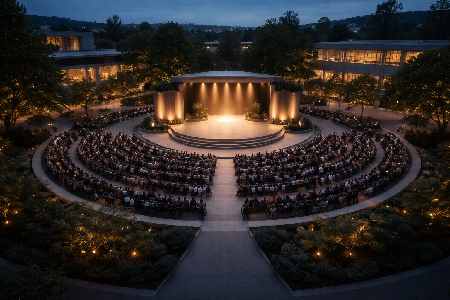 Aerial dusk photograph of a circular outdoor stage and concentric seating terraces in a modern civic plaza, warm stage lights and tiny anonymous attendees, surrounded by low-rise buildings with a darker, quiet lower third.