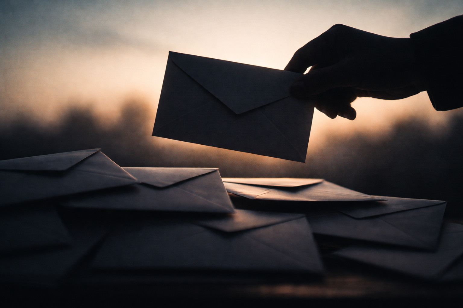A silhouetted anonymous hand holds an unbranded sealed envelope among other dark envelope silhouettes against a warm backlit gradient, with the lower third left empty.