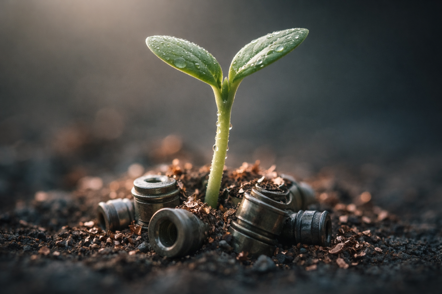 Macro photograph of a small green seedling sprouting among matte metal connectors and copper shavings, sharply focused in the upper two thirds with a soft, blurred cool background and an intentionally empty lower third.