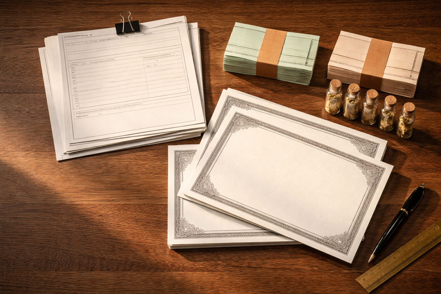 High-angle flatlay of blank subscription papers and unit certificates, two stacks of color-coded blank ticket stubs, small vials of gold‑tinged rock samples, a brass ruler and pen on a wooden desk, lit by warm side light with the lower third left uncluttered.