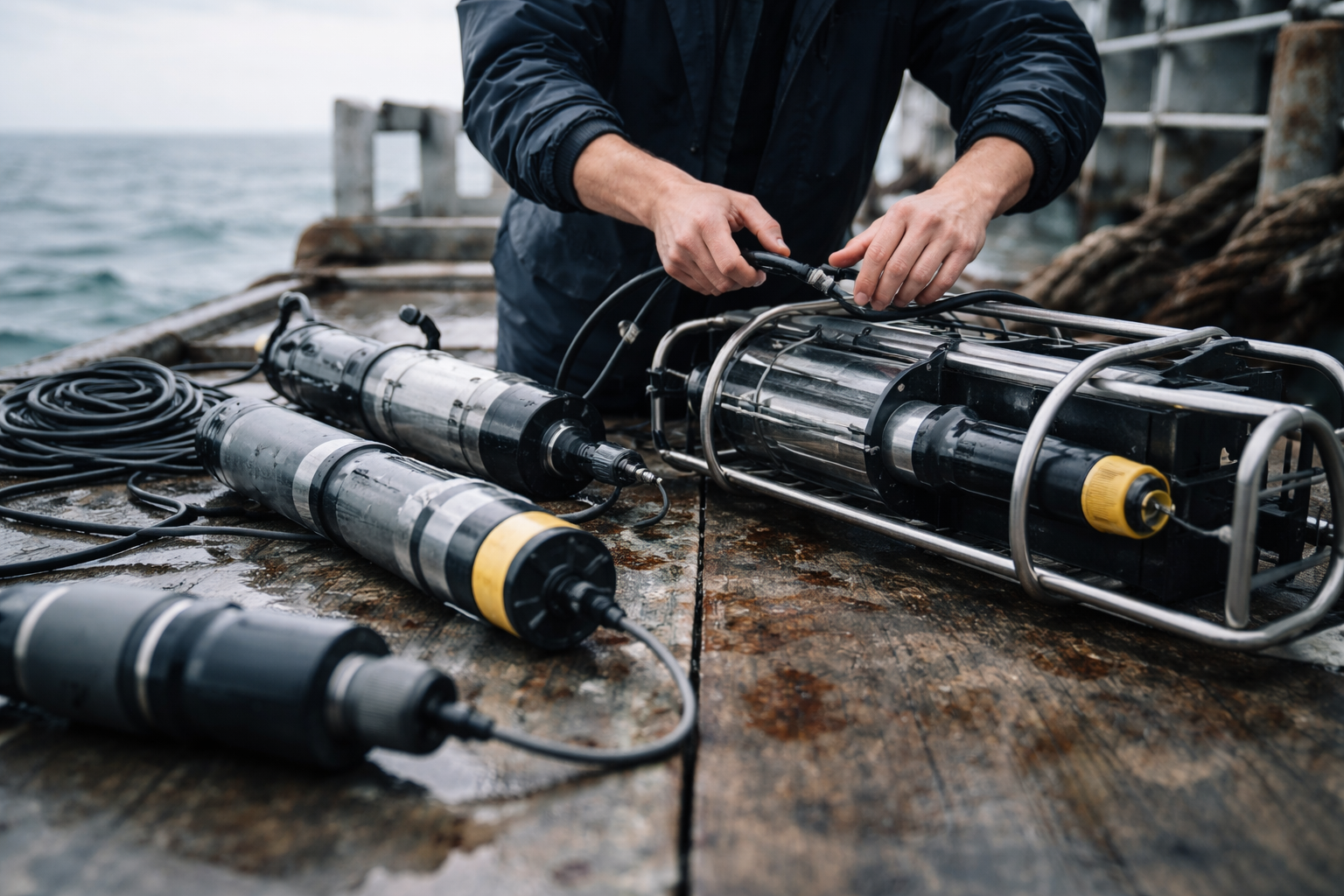 An anonymous person works with marine technology equipment on a weathered offshore platform, hands visible against blue-gray oceanic tones.