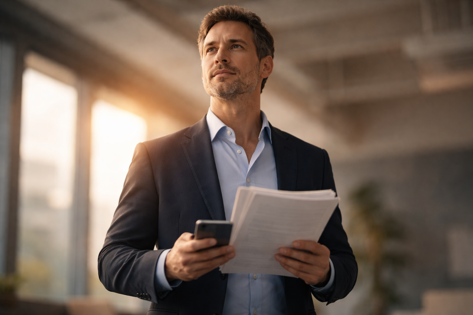 Low-angle waist-up portrait of a fictional investor in a modern office, lit by warm side light, holding a blank prospectus and a phone with the subject centered in the upper two-thirds and the lower third softly shadowed and uncluttered.