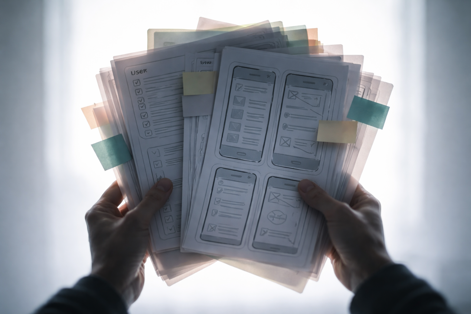 Backlit silhouette of anonymous hands holding and fanning a stack of printed app wireframes, sticky notes and feedback forms centered in the upper two-thirds; warm rim light outlines paper edges and the lower third is dark and uncluttered.