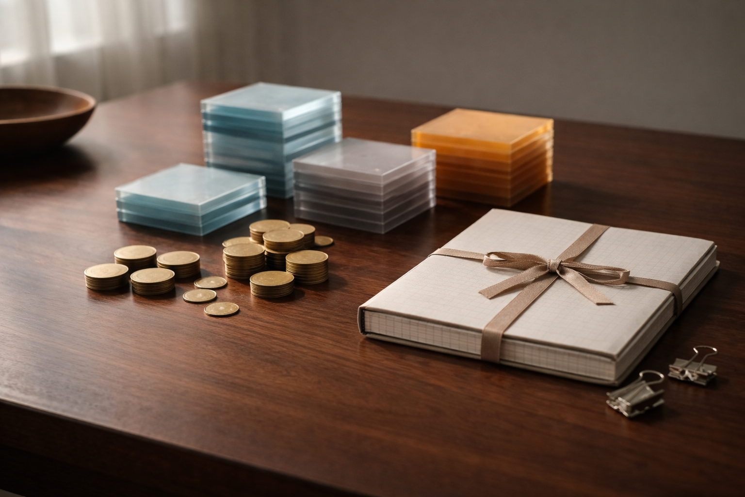 A wide editorial still-life showing neat stacks of translucent acrylic tiles, matte brass tokens, a ribbon-tied blank ledger and steel binder clips arranged centrally on a dark wood table, lit by soft side light with the bottom third of the frame left uncluttered.