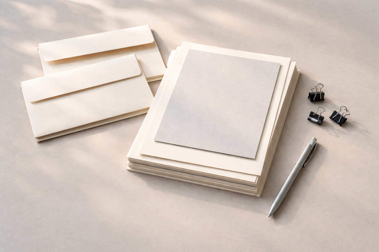 High-angle photo of a neat stack of blank heavyweight papers, envelopes, a pen and binder clips on a cool-gray desk, lit from the upper-left with the bottom third of the frame left empty.