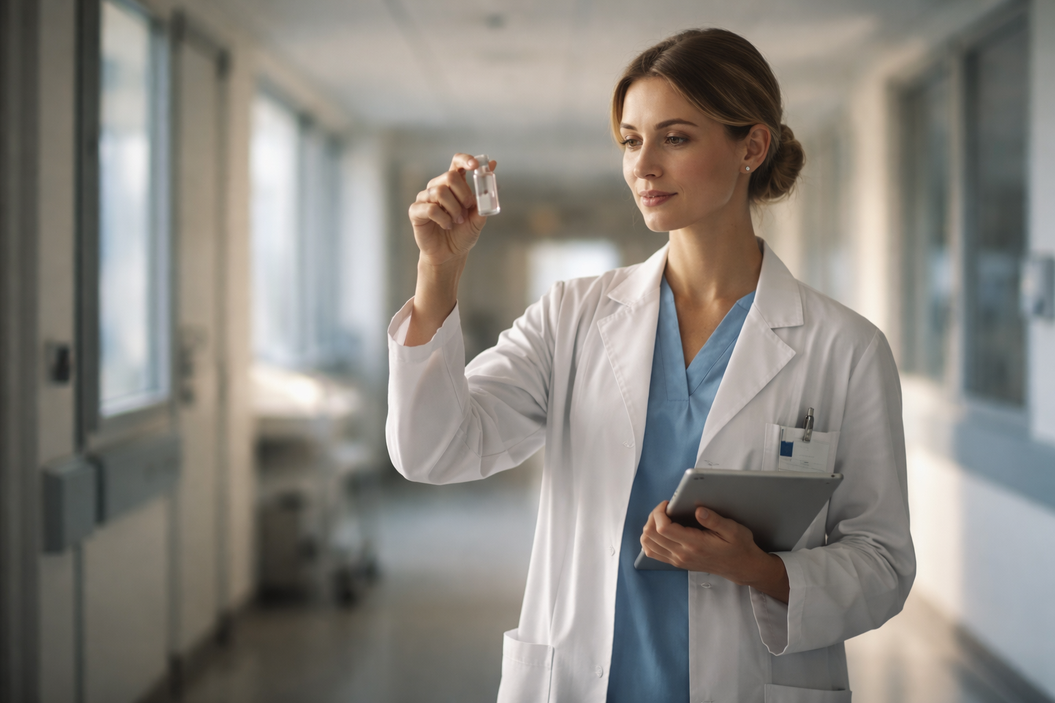 Wide shot of a fictional female clinical researcher in a softly lit hospital corridor, standing in the upper two-thirds holding an unlabelled vial and tablet, with the lower third of the frame left empty and calm.
