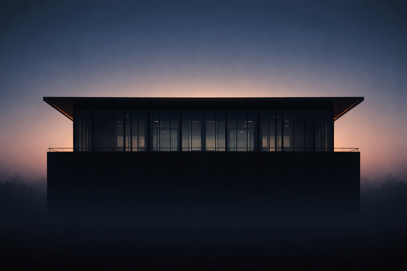 Dark silhouette of a modern glass office façade against a dusky sky, strong vertical lines and subtle copper rim-lighting in the upper two thirds while the lower third stays dark and empty.