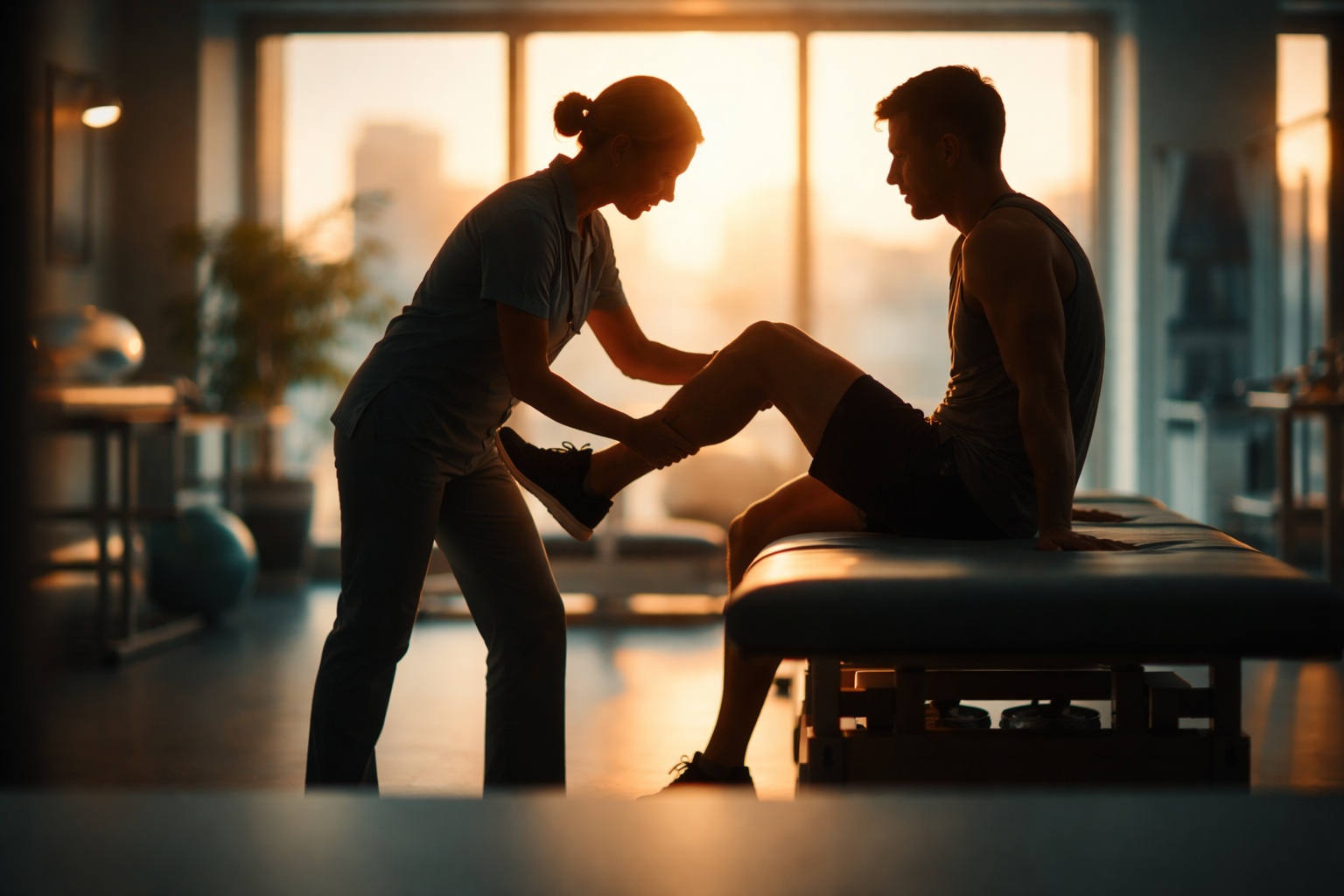 Two people — a physiotherapist and a patient — shown as dark silhouettes against warm backlight in a clinic doorway, positioned in the upper part of the frame with a softly blurred, teal-tinted interior and an empty, quiet lower third.