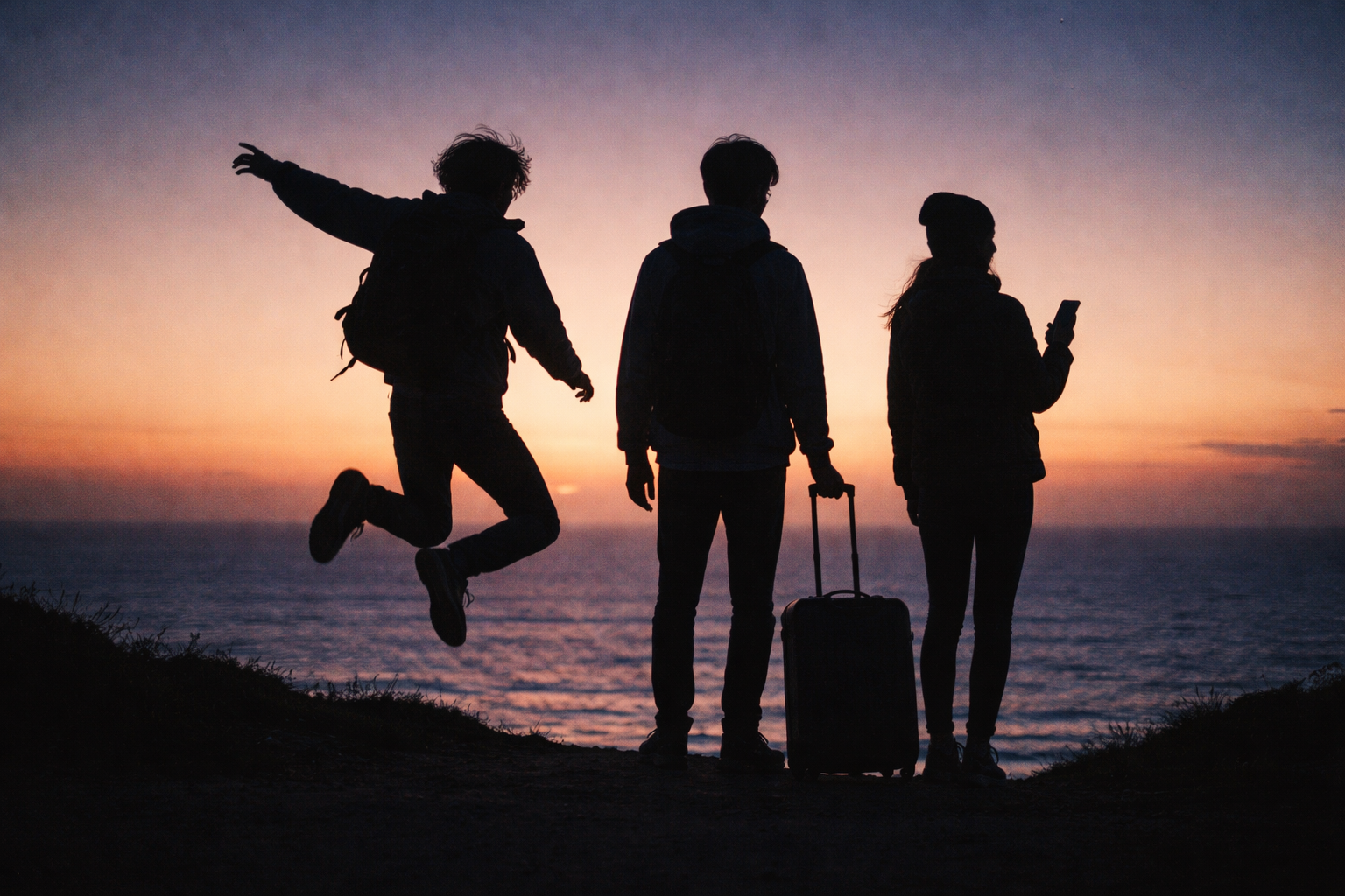 Three faceless silhouettes of young people on a coastal cliff at sunset—one jumping, one with a suitcase, one holding a dark phone—warm orange-to-indigo sky, subjects in the upper two-thirds and a calm, empty lower third.