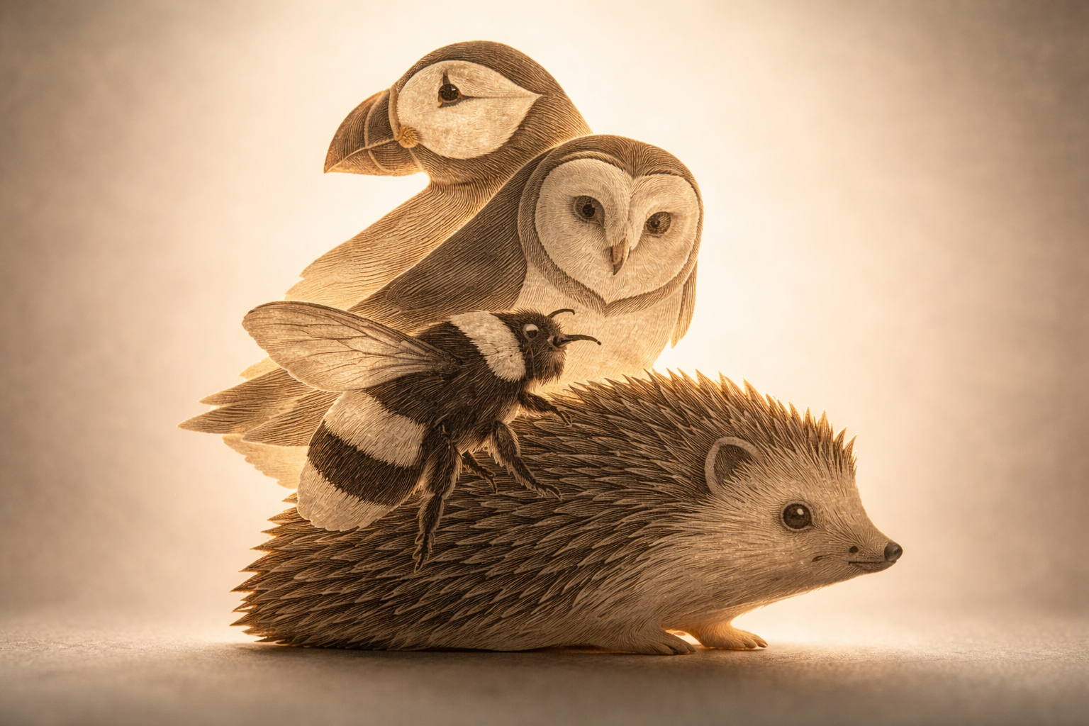 Close-up backlit silhouette of four stacked fibrous paper cutouts shaped like a puffin, barn owl, buff‑tailed bumblebee and hedgehog, centered with warm rim lighting and a calm, darker lower third.