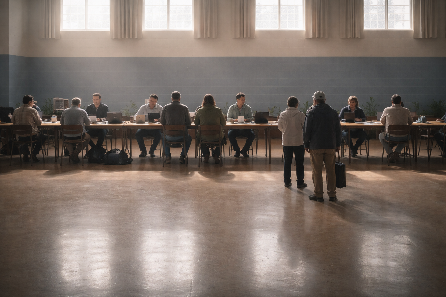 Wide interior shot of a community flood-relief help desk in a neutral hall, with staff at long tables assisting anonymous applicants seen from behind and an empty clear floor area in the lower third.