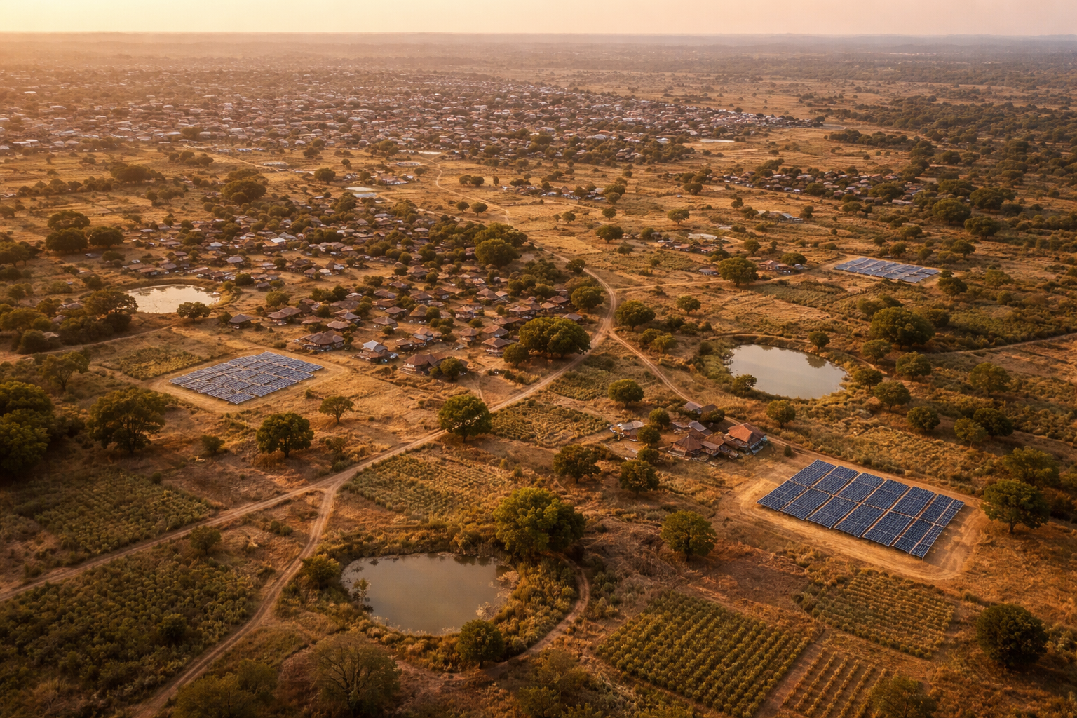 Oblique aerial photo showing a town spilling into savanna: clustered villages, dark unbranded solar panels, winding dirt roads and ponds under warm golden light, with the main scene in the upper two-thirds and an empty, uncluttered lower third.