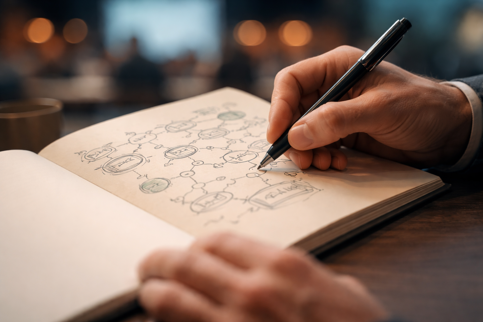 Macro view of anonymous hands sketching abstract diagrams in a notebook on a conference table, pen and page in sharp focus with warm stage bokeh in the upper background and a clear, uncluttered lower third.