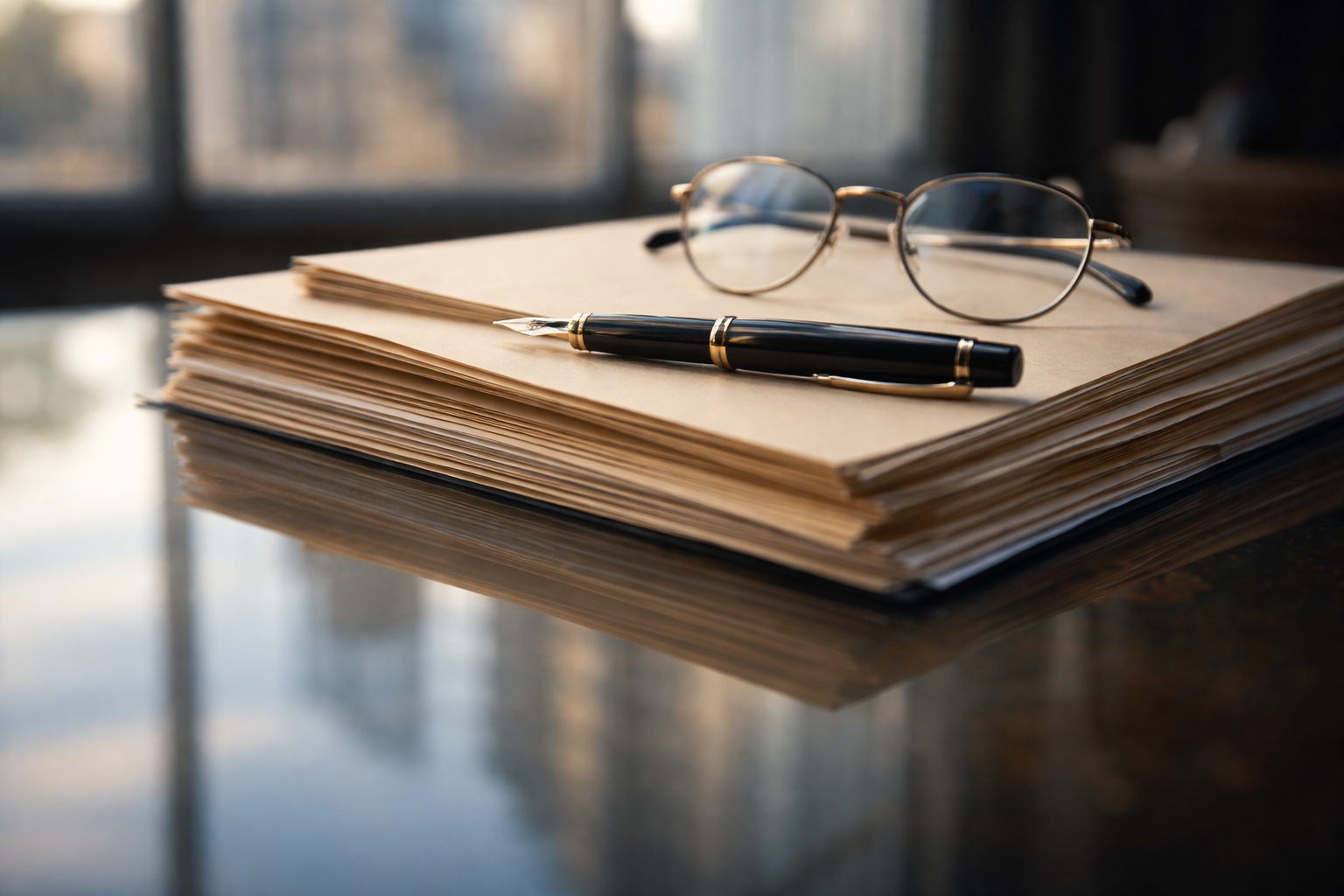 Soft-lit close-up of stacked unbranded legal documents, a fountain pen and reading glasses on a glossy table, their blurred reflection doubling with out-of-focus modern Brussels architecture in the background; objects sit in the upper two-thirds while the bottom area is kept clear.