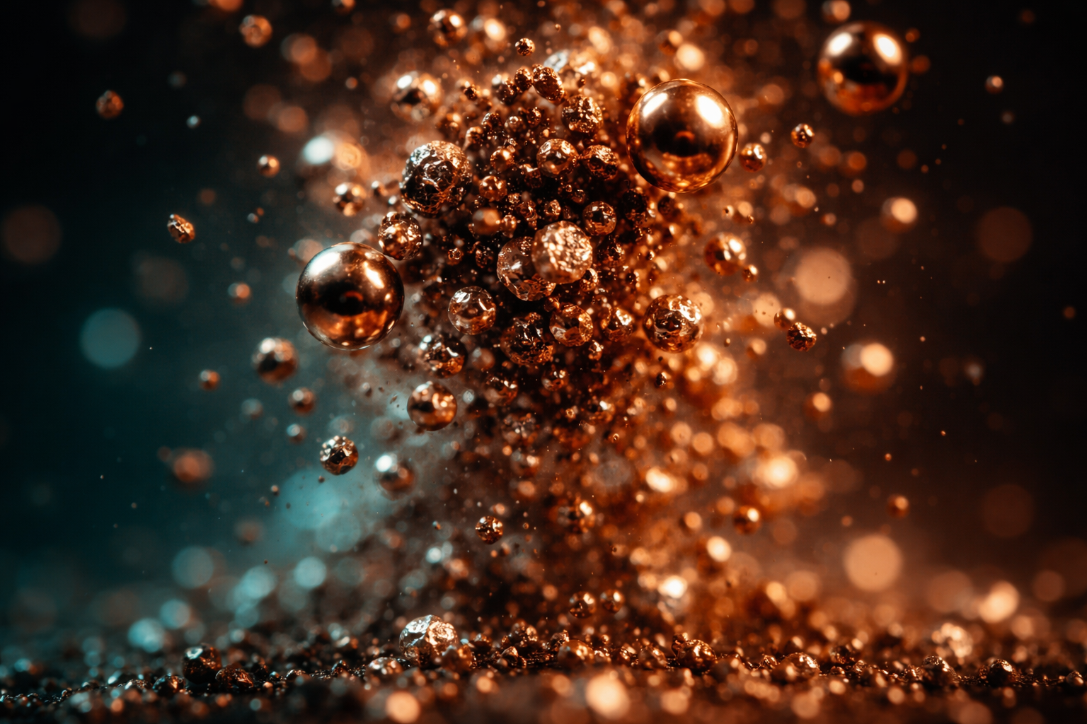 Macro motion-detail of copper-coloured ore granules and polished metal beads suspended in mid-air with soft motion blur, warm golden light and teal highlights, focused in the upper two-thirds with an empty, uncluttered lower third.