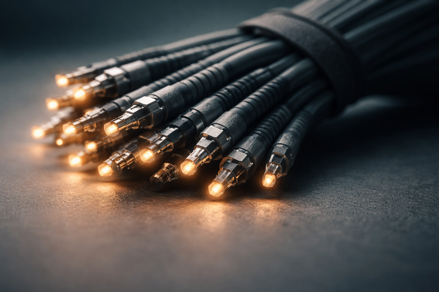 Macro close-up of bundled fiber-optic cables with glowing connector tips in soft teal-and-amber light, shallow depth of field, centered in the upper two-thirds with the lower third blurred and empty.