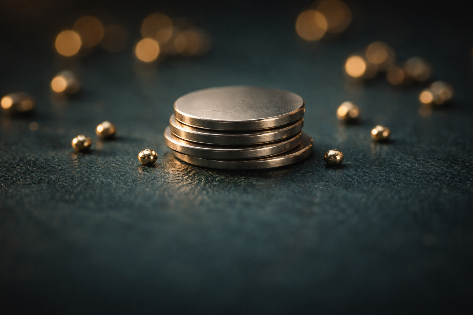 Tightly centered macro shot of a small stack of unmarked matte metal discs and scattered tiny golden beads on a dark teal surface, warm highlights and cool shadows with a blurred, empty lower third.