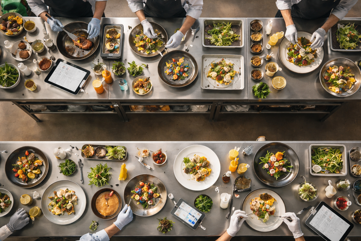 A top-down aerial view of a modern test kitchen with several stainless-steel workstations, plated experimental dishes, utensils, tablets and chefs’ hands working in the upper two-thirds while the lower third remains an empty neutral surface for overlay.