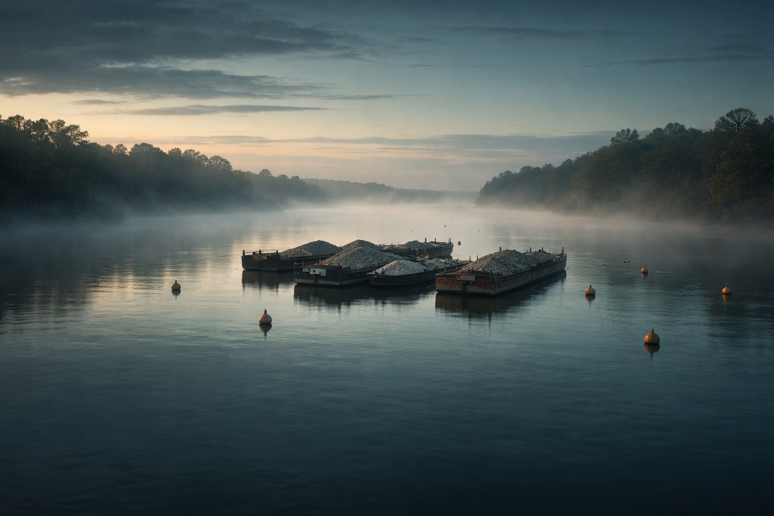 Wide dusk panorama of a calm river inlet with several unbranded cargo barges clustered in the center, soft mist and warm rim light, and smooth reflective water in the foreground.